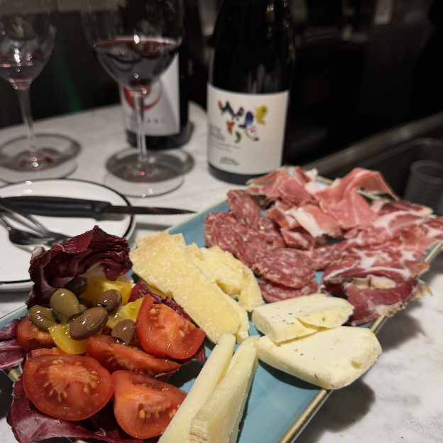 wine, meats, and cheeses