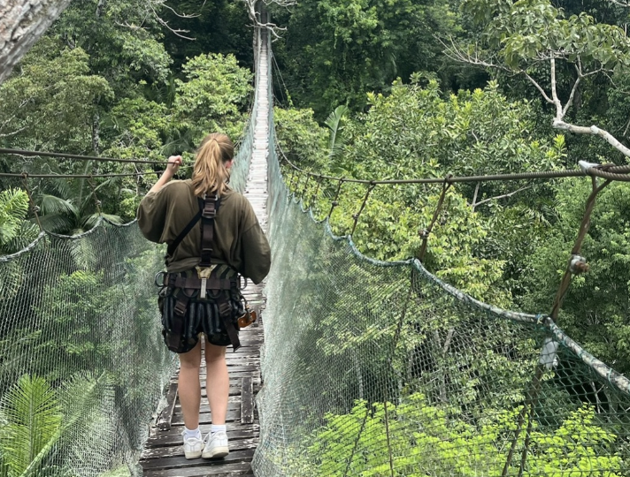 Girl on canopy walk in amazon rainforest